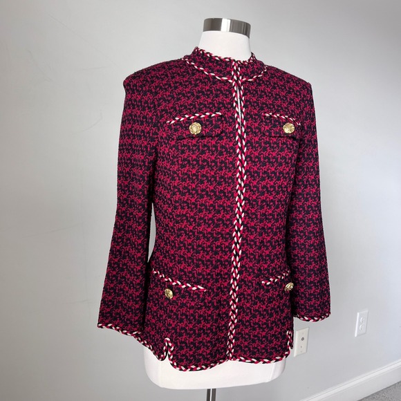 Ming Wang Houndstooth Tweed Knit Jacket Braided Trim Gold Buttons NWT FLAW - Picture 15 of 16
